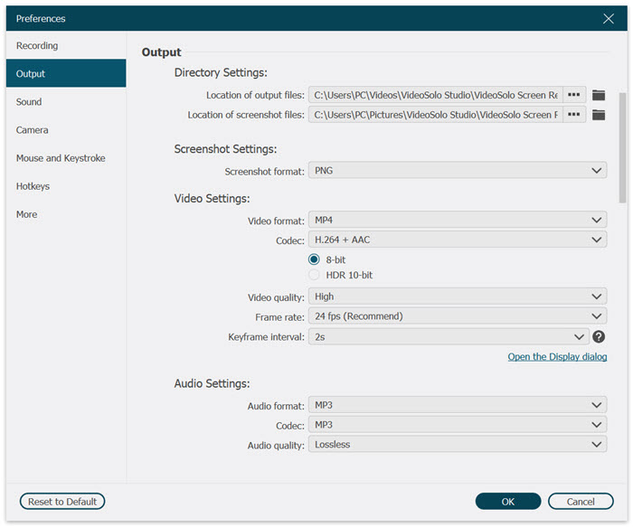 Adjust Recording Outputs VideoSolo