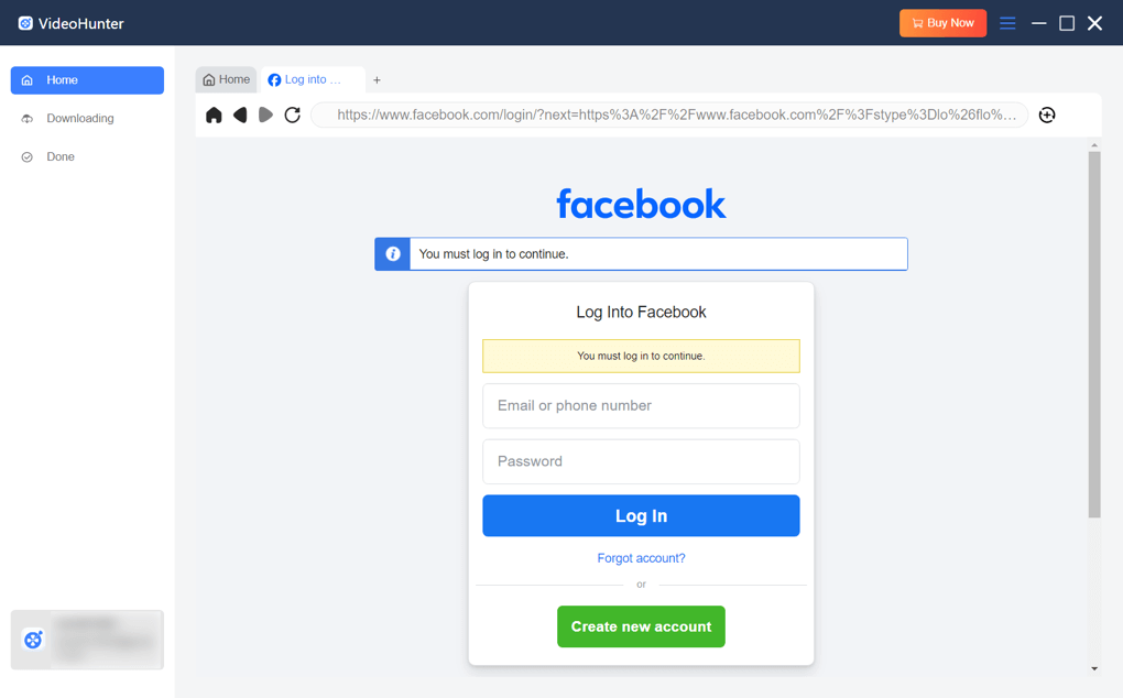 VideoHunter Facebook Account Log-in
